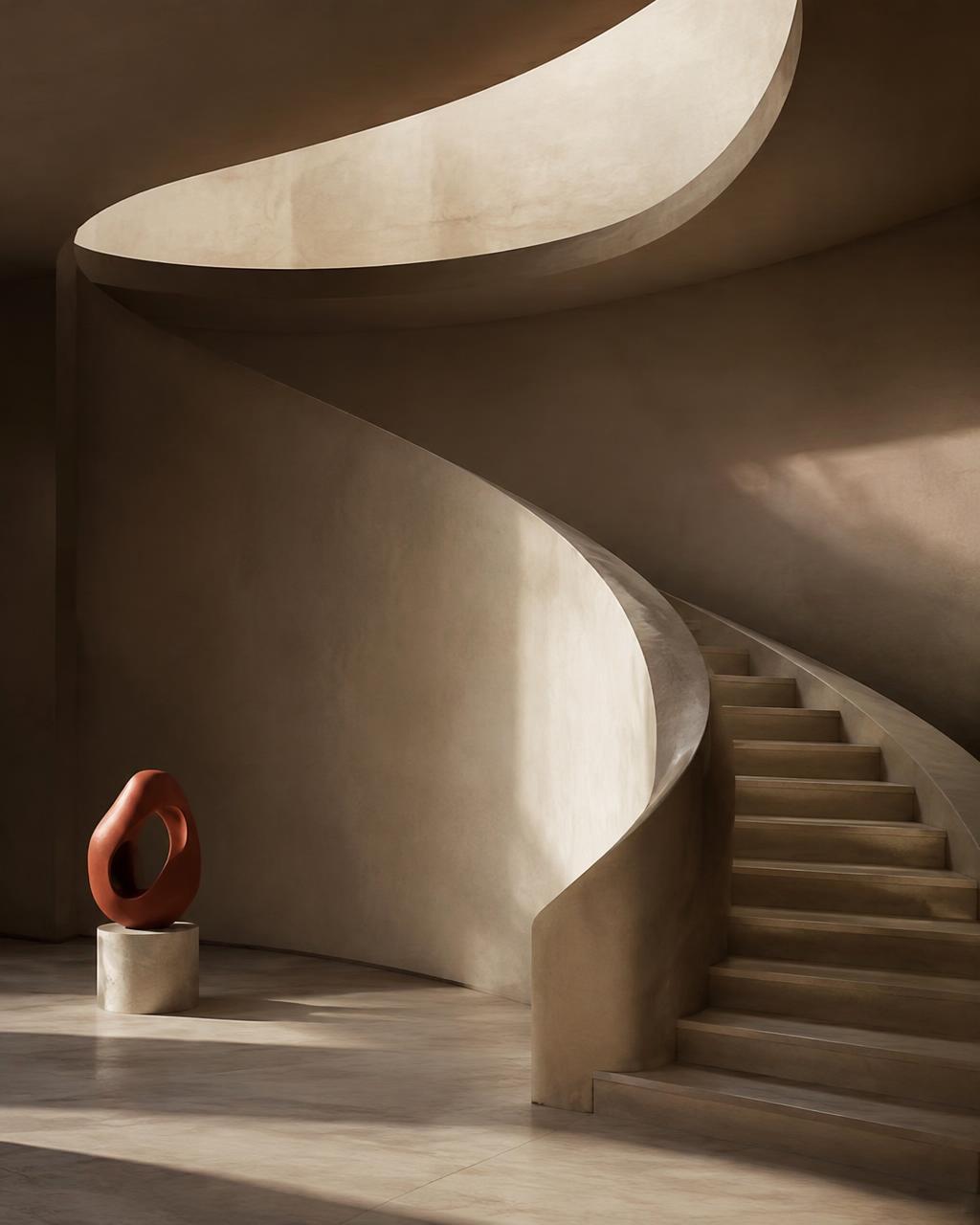 Curved plaster staircase with a coral sculpture in soft light