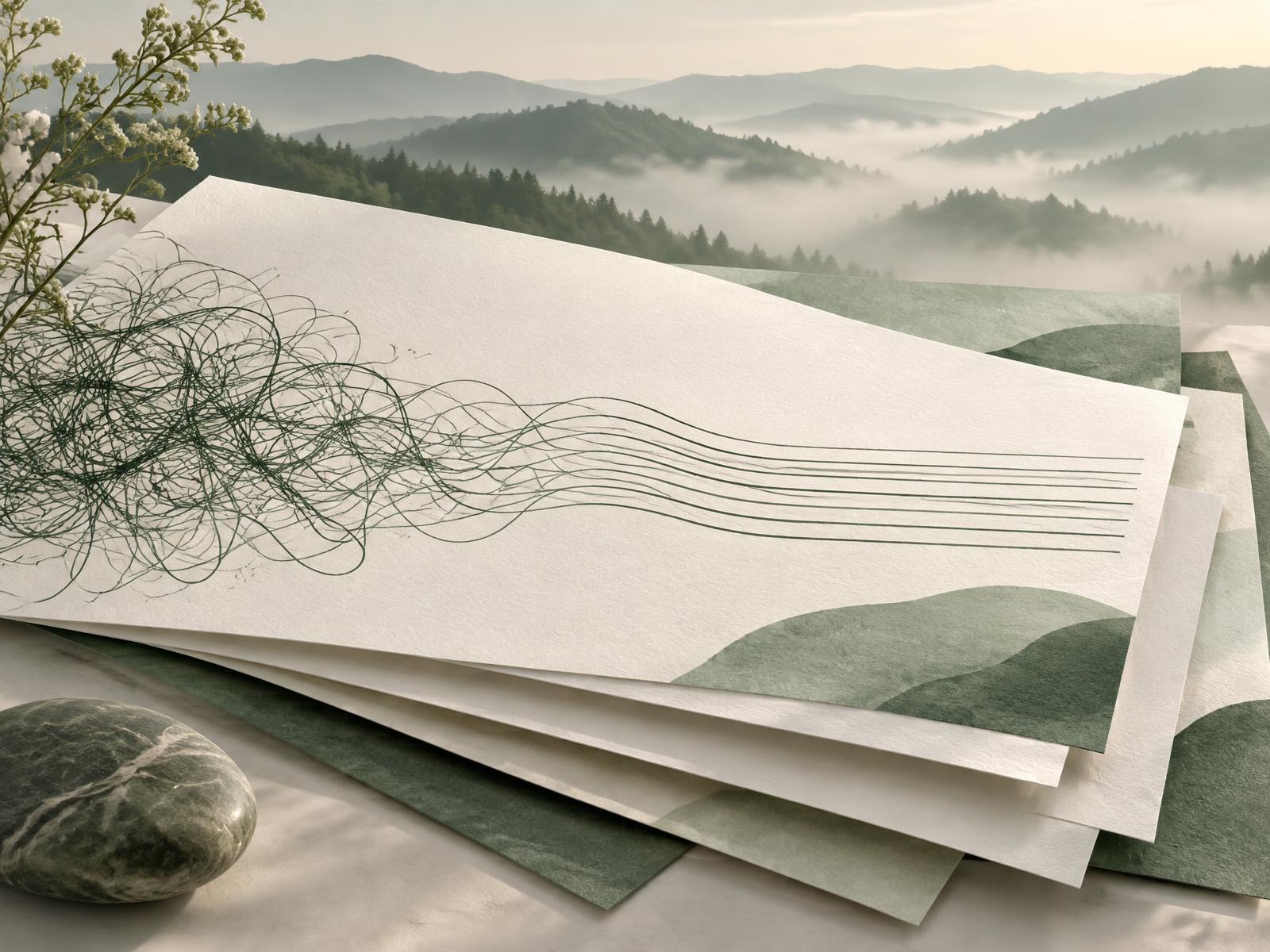 Stacked paper where tangled green lines resolve into neat parallel lines, misty hills behind