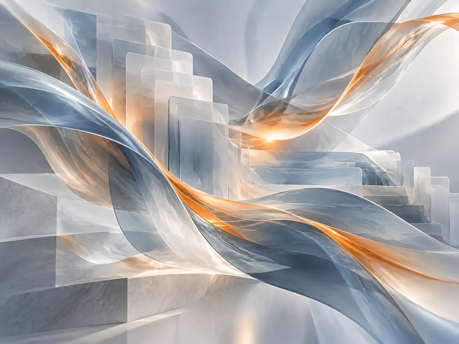Abstract artwork of translucent blue-gray layers threaded with orange light