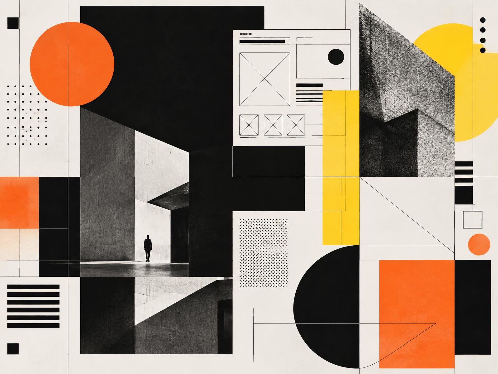 Geometric composition of black planes, orange and yellow shapes, grids and halftone